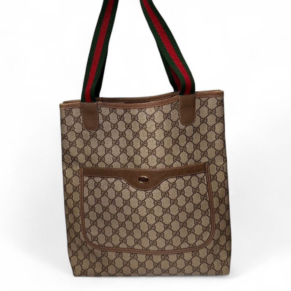 GUCCI Vintage Supreme Coated Canvas Sherry Line Tote Bag, Brown - Picture 2 of 14